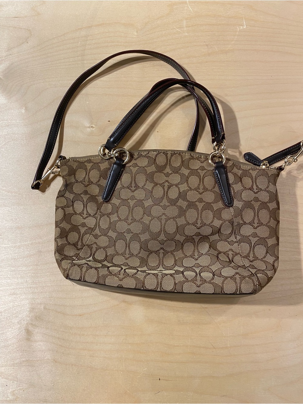Coach Monogram Canvas Crossbody Satchel in Khaki and Dark Brown (SK) - Picture 7 of 11